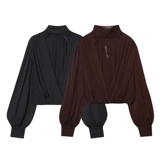 Damen Kurzgeschnittene Wickelbluse mit Stehkragen und voluminösen Ballonärmeln Shop Nory