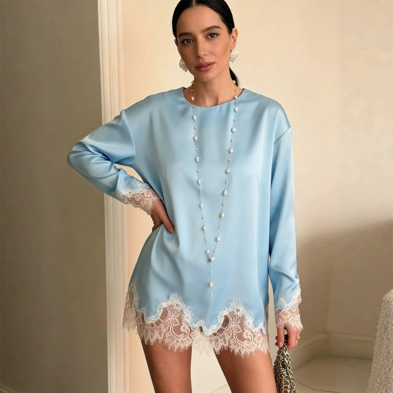 Damen Seidiges Langarmshirt mit Spitzenbesatz am Saum und Manschetten Shop Nory