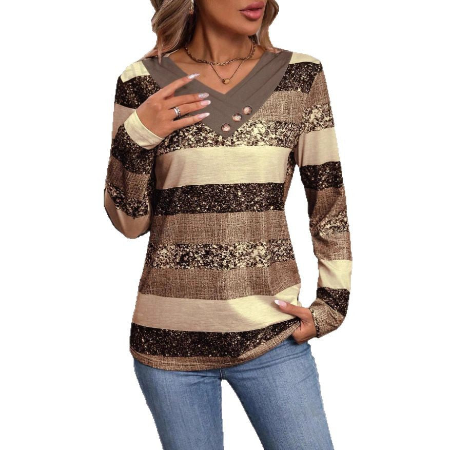 Damen Langarmshirt mit V-Ausschnitt, strukturierter Streifenoptik und Zierknopfleiste Shop Nory