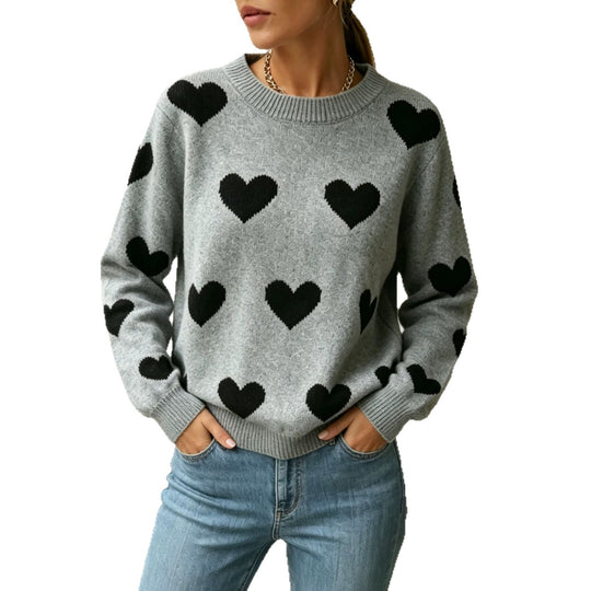 Damen Herz-Intarsien Rundhalspullover mit lässiger Oversize-Passform Shop Nory