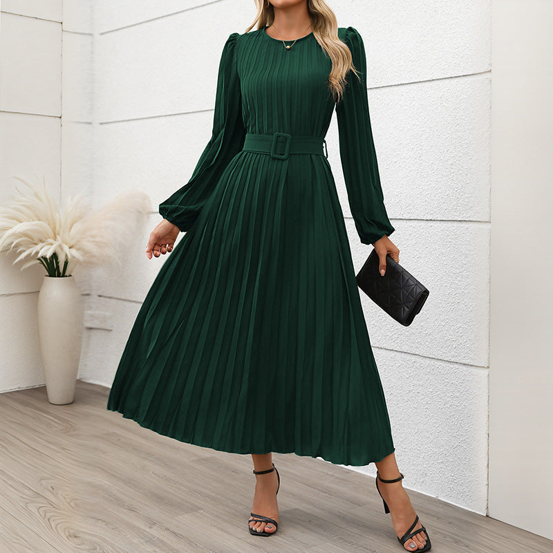 Damen Plissiertes Midikleid mit Taillengürtel, Puffärmeln und Rundhalsausschnitt Shop Nory