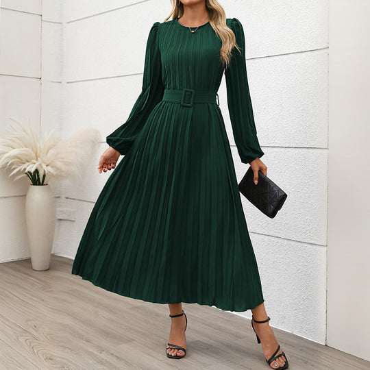 Damen Plissiertes Midikleid mit Taillengürtel, Puffärmeln und Rundhalsausschnitt Shop Nory