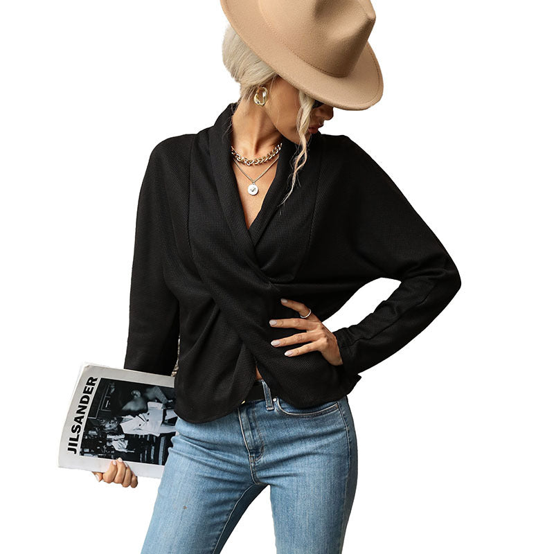 Damen Crossover-Top aus Waffelstrick mit V-Ausschnitt und langen Ärmeln Shop Nory