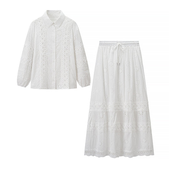 Damen Zweiteiliges Broderie-Anglaise-Set mit Hemdbluse und gestuftem Midirock Shop Nory