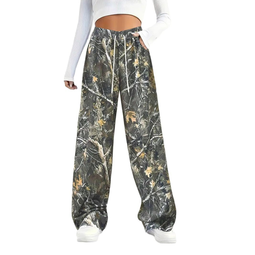 Damen Weite Palazzo-Loungehose im Camouflage-Blattmuster mit Elastikbund, Tunnelzug und Eingrifftaschen Shop Nory