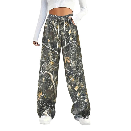 Damen Weite Palazzo-Loungehose im Camouflage-Blattmuster mit Elastikbund, Tunnelzug und Eingrifftaschen Shop Nory