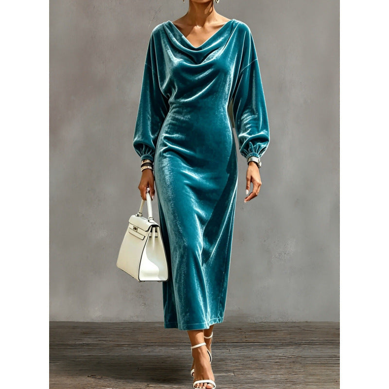 Damen Midikleid aus Samt mit drapiertem Wasserfallkragen und Ballonärmeln Shop Nory