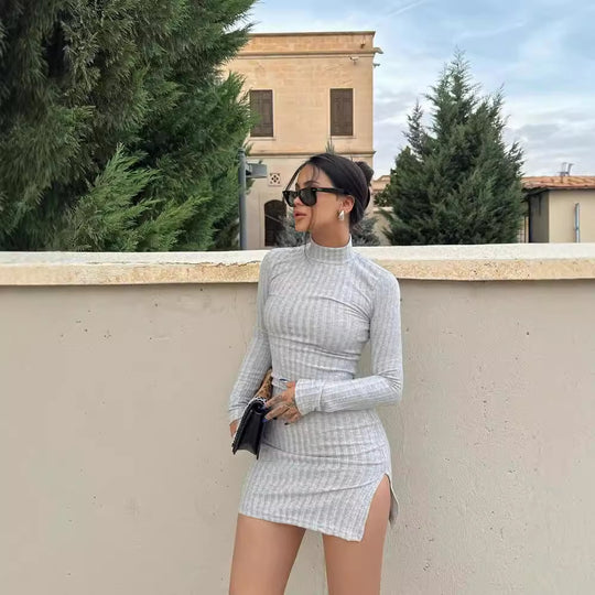Damen Enganliegendes Rippstrick-Minikleid mit Rollkragen und langen Ärmeln Shop Nory