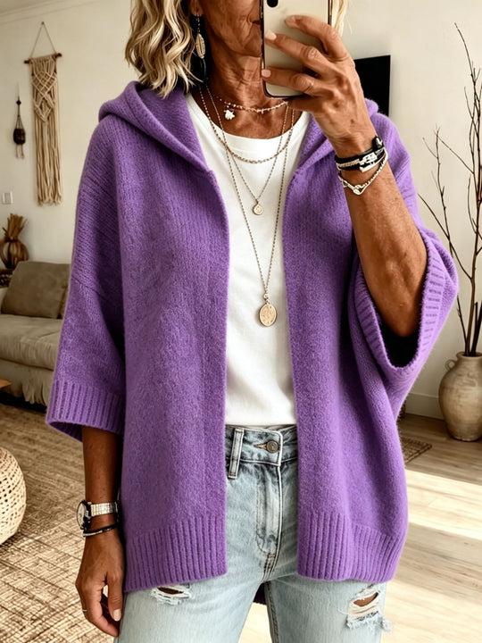 Damen Kapuzen-Longcardigan aus grobem Strick mit 3/4-Ärmeln und offener Front Shop Nory
