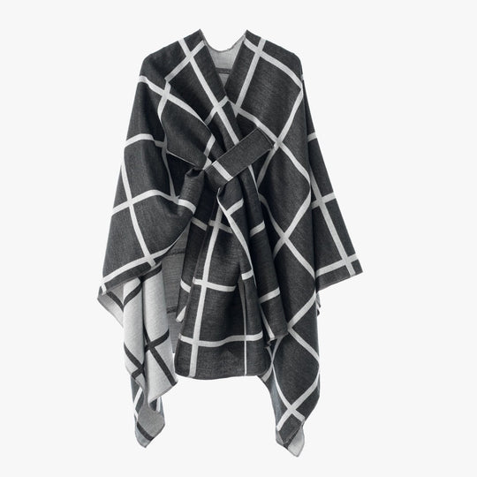 Damen Oversize Poncho aus Feinstrick mit Taillengürtel und Karomuster Shop Nory