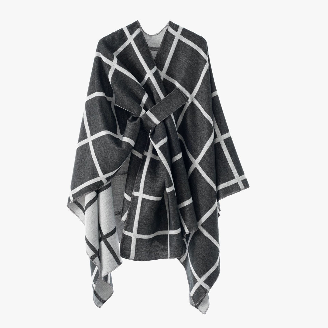 Damen Oversize Wollmix Poncho mit Gürtel und Karomuster Shop Nory