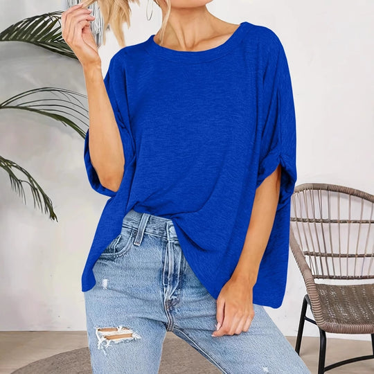 Damen Oversize-Longshirt mit weitem U-Boot-Ausschnitt und geknoteten Dreiviertelärmeln Shop Nory