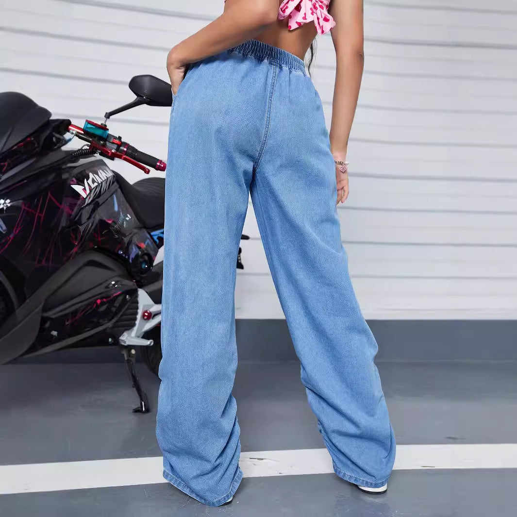 Damen Weite Denim-Hose mit elastischem Bund und gerafften Säumen Shop Nory