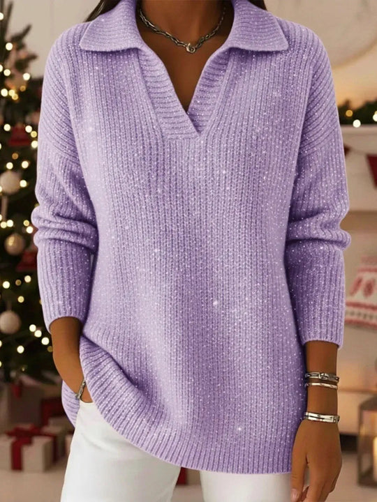 Damen Eleganter V-Pullover mit glänzenden Akzenten