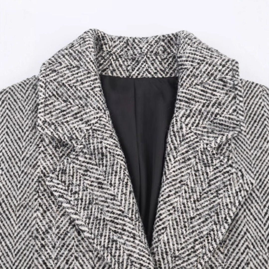 Damen Oversized Mantel mit Fischgrätmuster und tiefem Reverskragen Shop Nory