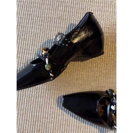 Damen elegante quadratische Mules mit niedrigem Blockabsatz, Zierriemen und Perlenapplikation Shop Nory
