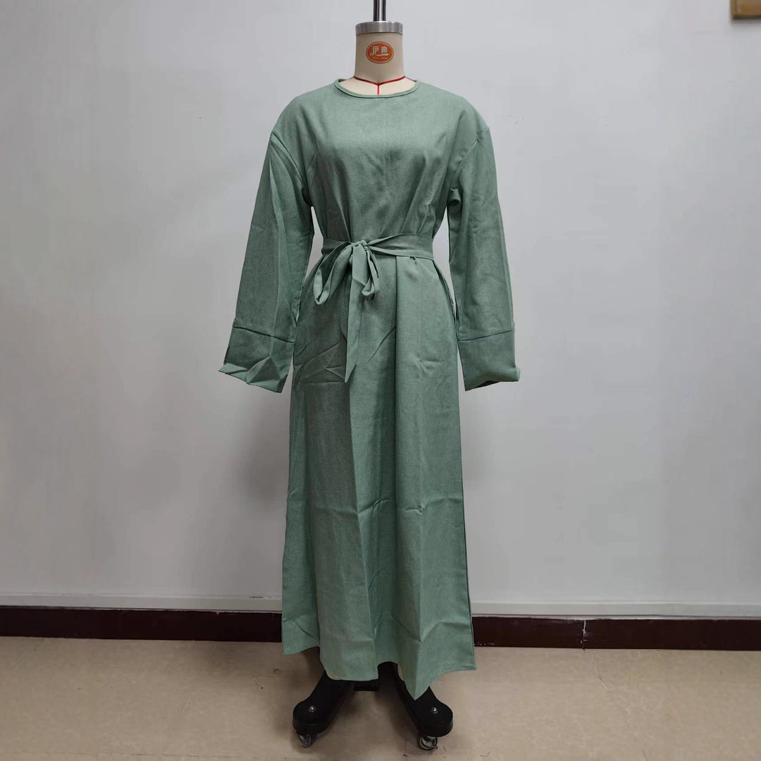 Damen Maxikleid aus Leinen-Mix mit Taillengürtel und weiten Manschellen Shop Nory