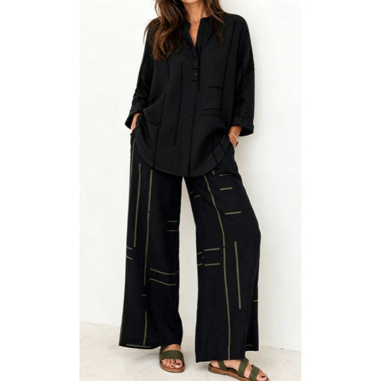 Damen Oversize-Tunika und weite Palazzohose mit grafischem Streifenprint und Henley-Kragen Shop Nory