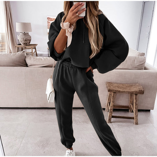 Damen kuscheliges Lounge-Zweiteiler-Set mit oversized Kapuzenpullover, Balloon-Ärmeln und taillierter Jogginghose Shop Nory