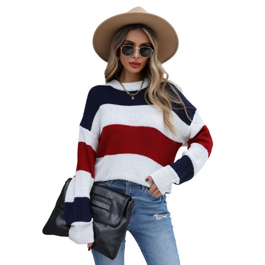 Damen Gestreifter Grobstrick-Pullover mit Rundhals und überschnittenen Ärmeln Shop Nory