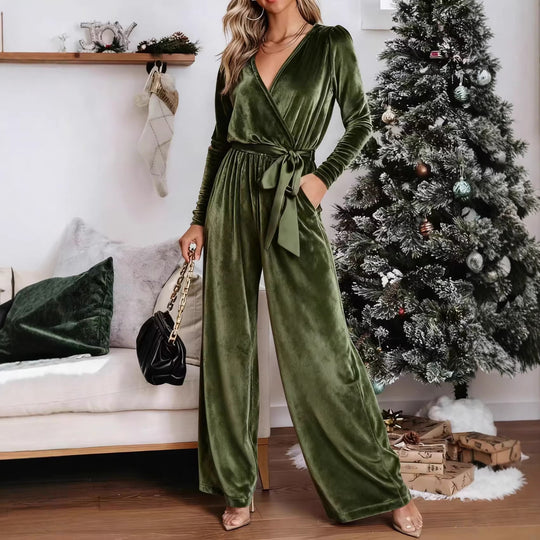 Damen Samt‑Jumpsuit mit Wickel‑V‑Ausschnitt, weitem Bein und Taillengürtel Shop Nory