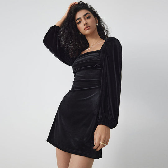 Damen Samt-Minikleid mit quadratischem Ausschnitt gerafftem Bustier und Ballonärmeln Shop Nory