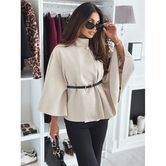 Damen Cape-Mantel mit tailliertem Ledergürtel und Stehkragen Shop Nory
