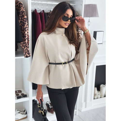 Damen Cape-Mantel mit tailliertem Ledergürtel und Stehkragen Shop Nory