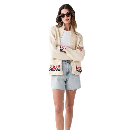Damen Oversize Strickcardigan mit Walmotiv und nautischer Kontrastbordüre Shop Nory