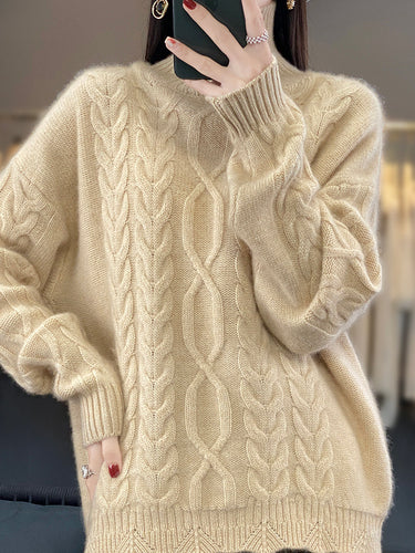 Damen Oversize-Zopfmuster-Pullover mit Mohair-Optik und gerippten Bündchen Shop Nory
