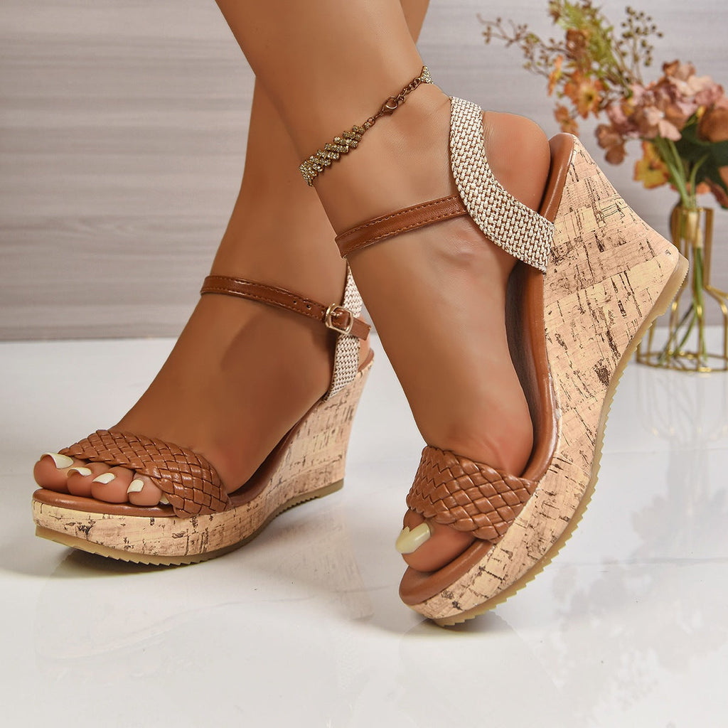 Damen Wedge-Sandaletten mit geflochtenem Riemen und Kork-Absatz