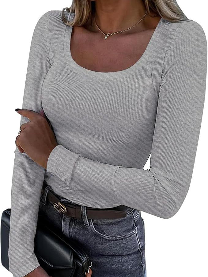 Damen Langarm-Rippoberteil mit U-Ausschnitt Shop Nory