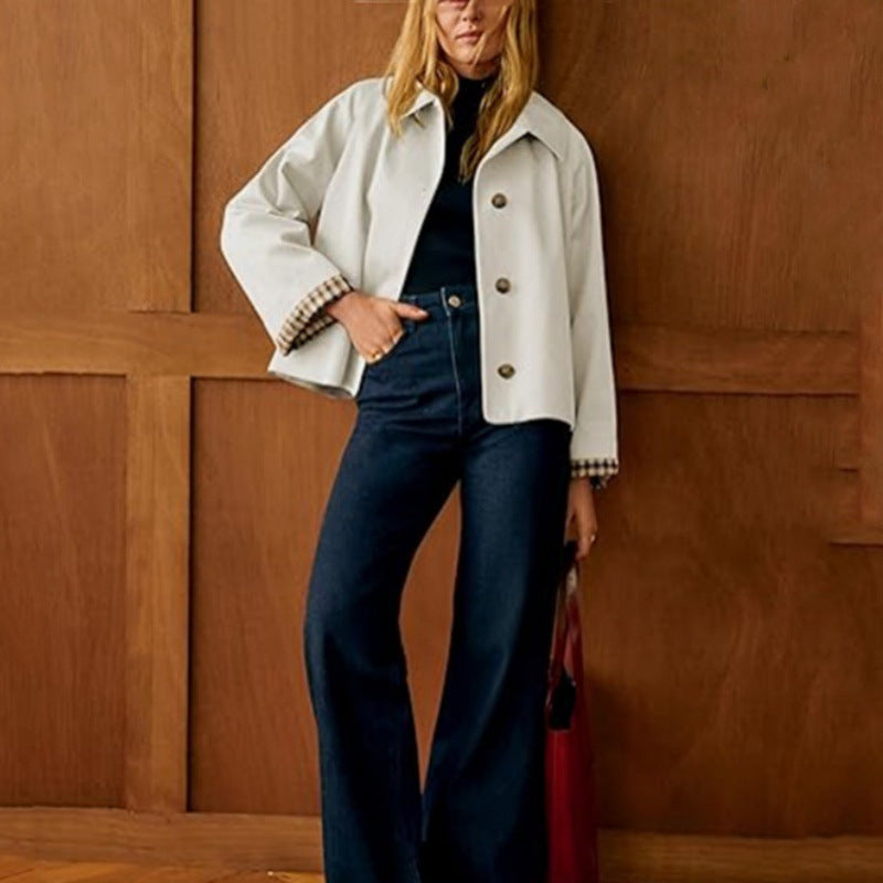 Damen Boxy-Shortcoat mit übergroßem Revers und Karomanschetten Shop Nory