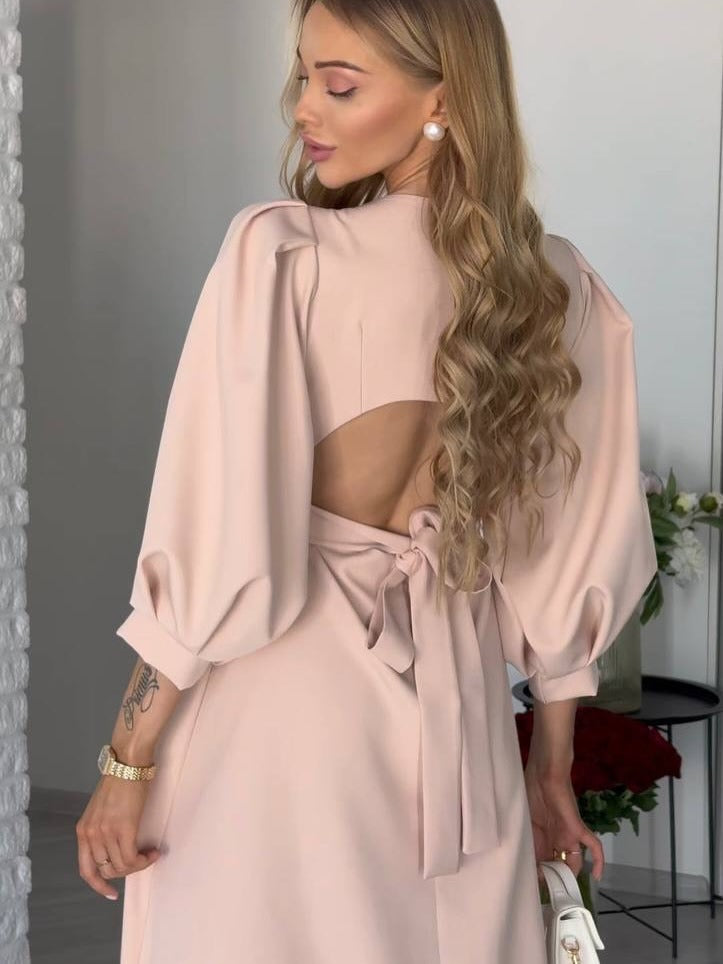 Damen Midikleid mit offenem Rückenausschnitt, voluminösen Puffärmeln und Bindegürtel Shop Nory