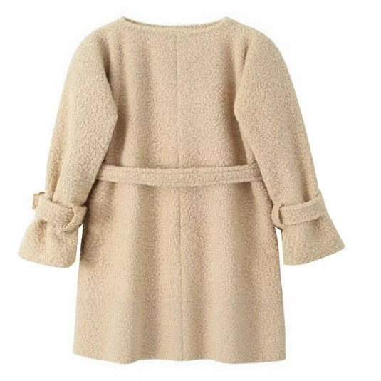 Damen Zweireihiger Teddy‑Mantel mit Bindegürtel und Schnallenärmeln Shop Nory