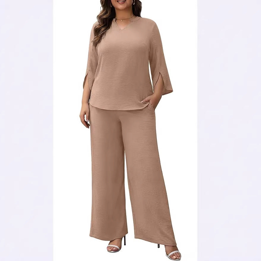 Damen Elegantes Zweiteiliges Palazzo-Set mit V‑Ausschnitt und geschlitzten 3/4‑Ärmeln Shop Nory
