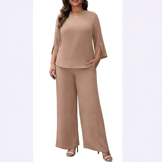Damen Elegantes Zweiteiliges Palazzo-Set mit V‑Ausschnitt und geschlitzten 3/4‑Ärmeln Shop Nory
