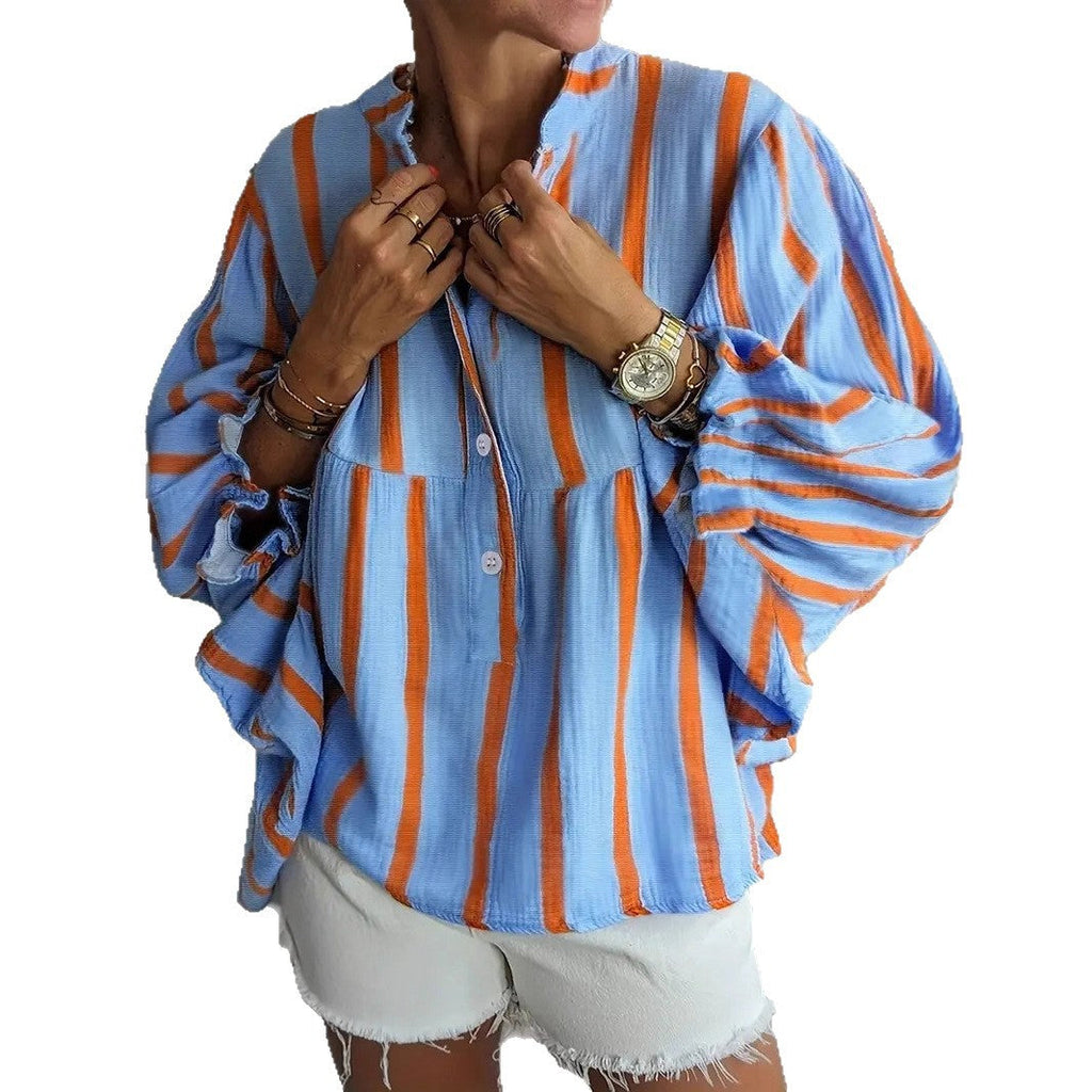 Damen Lässige gestreifte Bluse mit weiten Ärmeln und Knopfleiste Shopnory