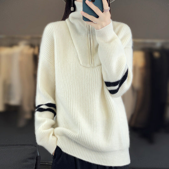 Damen Rippenstrick-Pullover mit halbem Reißverschluss, hohem Stehkragen und lässiger Passform Shop Nory