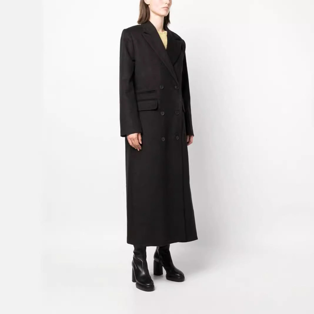 Damen Maxilanger Doppelreihiger Wollmix-Longcoat mit strukturierten Schultern und Pattentaschen Shop Nory