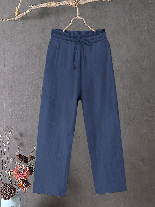 Damen Crinkle Leinenmischung Hose mit elastischem Kordelzug, gerade Beinform und lässiger Passform Shop Nory