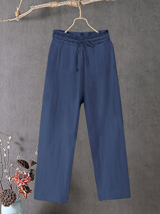 Damen Crinkle Leinenmischung Hose mit elastischem Kordelzug, gerade Beinform und lässiger Passform Shop Nory