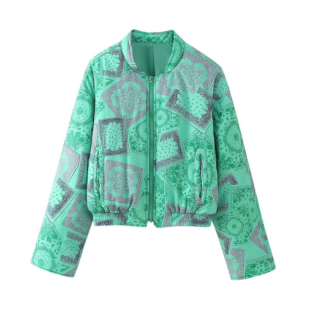 Damen Kurz geschnittene Bomberjacke mit Bandana-Muster und elastischem Saum Shop Nory