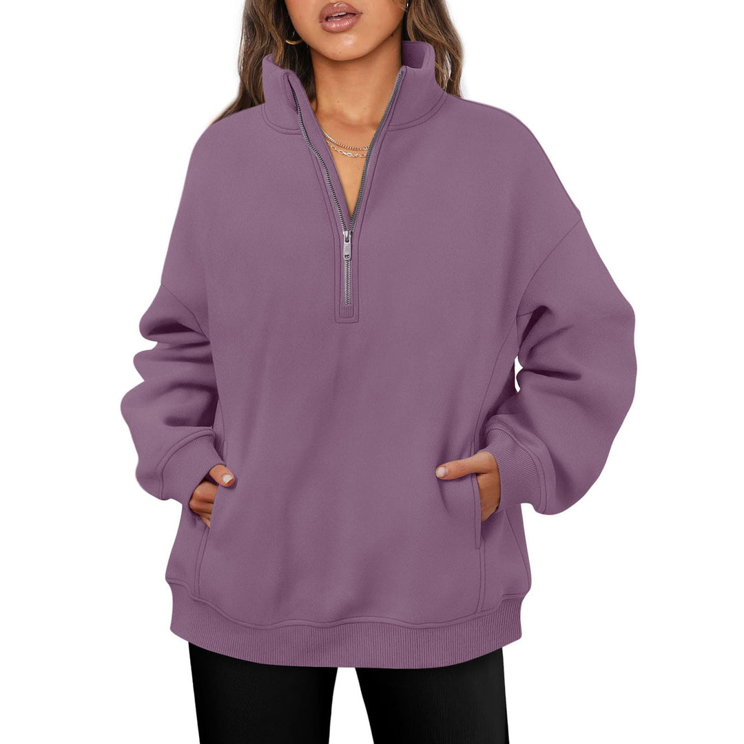 Damen nan oversized Halbzip-Pullover mit Stehkragen, Kängurutasche und Rippbündchen Shop Nory