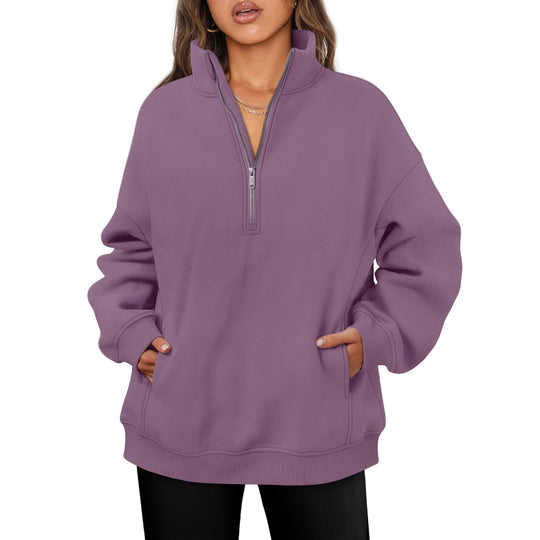 Damen nan oversized Halbzip-Pullover mit Stehkragen, Kängurutasche und Rippbündchen Shop Nory