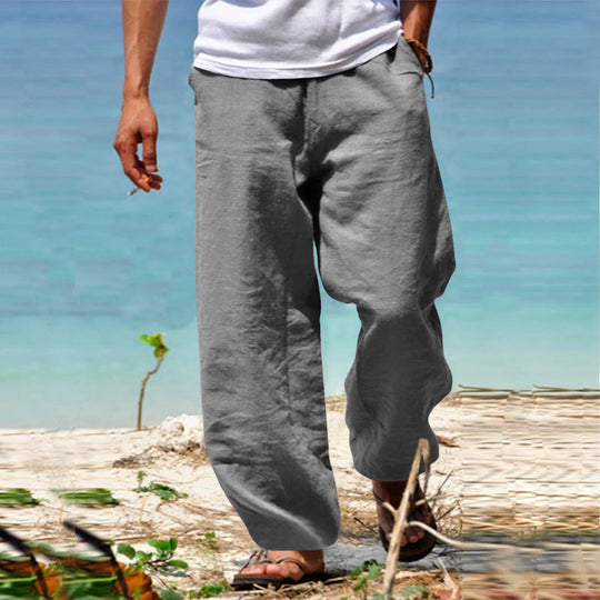 Herren nan lässige Strandhose im Palazzoschnitt aus atmungsaktivem Leinen-Baumwollmix mit Komfortbund