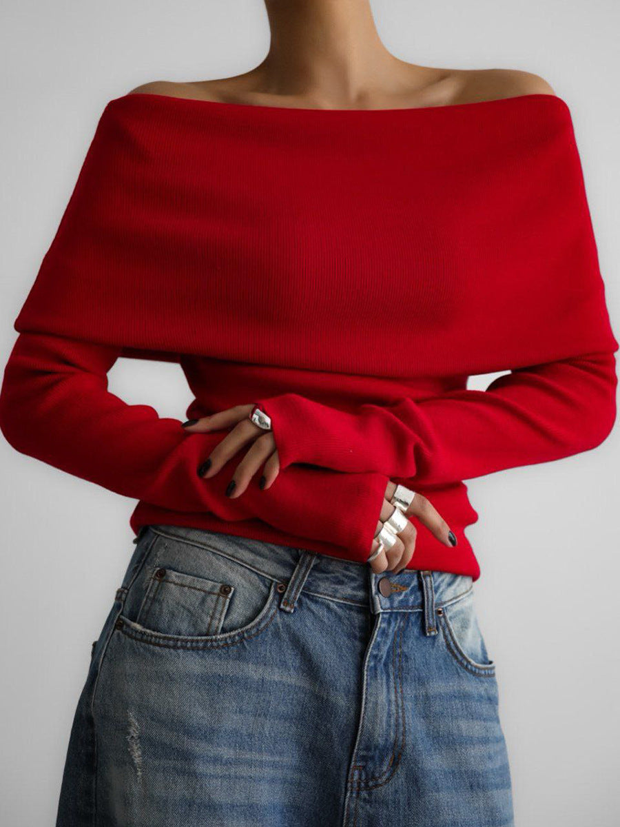 Damen Elegantes Off-Shoulder Oberteil mit geschmeidiger Textur und ausgestellten Ärmeln