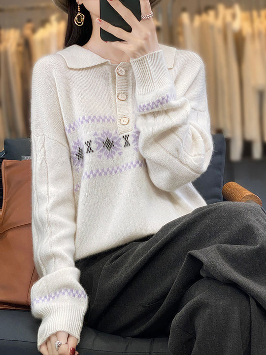 Damen Oversize-Polokragen-Strickpullover mit Norweger‑Motiv und Raglanärmeln Shop Nory