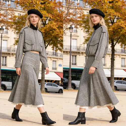 Damen Zweiteiliges Karo-Set mit kurzer Hemdjacke im Bomberstil und ausgestelltem Midirock Shop Nory