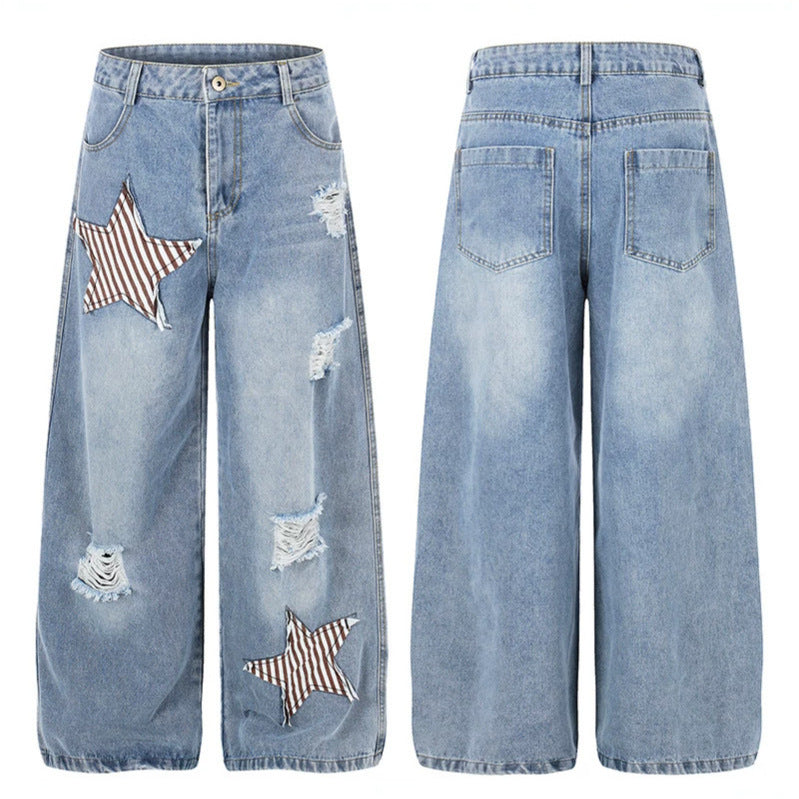 Damen weite hochgeschnittene Jeans mit Stern-Applikationen und Destroy-Effekt Shop Nory